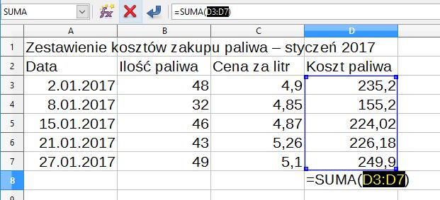 komórce pojawi się zapis =SUMA(D3:D7).