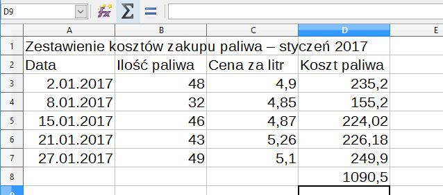 Treść formuły Autosumowania Po wciśnięciu [Enter] komórka D8 zostanie wypełniona wartością