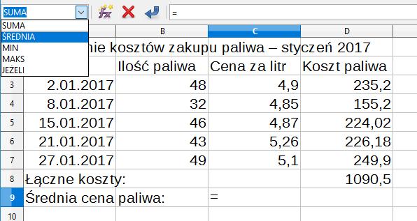 Klikamy funkcję ŚREDNIA 3 Rysunek 27. Wybór funkcji ŚREDNIA 5. Zaznaczamy komórki, na podstawie których ma zostać obliczona średnia.