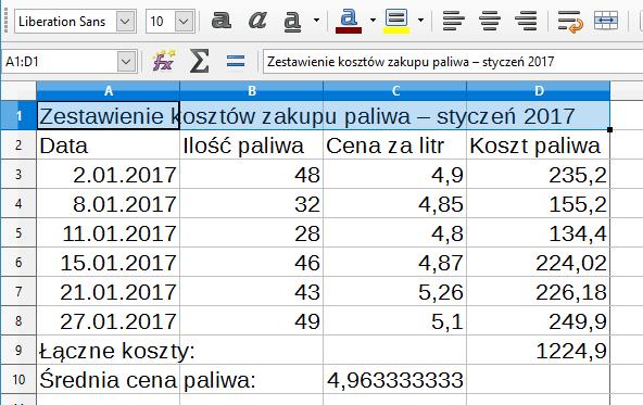 [8/25] [Calc] Nagłówek tabeli, czyli tekst: Zestawienie kosztów paliwa styczeń 207 należy wyśrodkować, zapisać czcionką pkt, czcionką pogrubioną kursywą:.