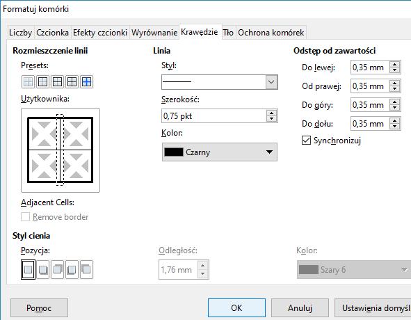 [22/25] [Calc] 2. W polu szerokość wybierz 0,75 pkt 3. na rysunku Rozmieszczanie linii użytkownika kliknij pionową krawędź środkową 4. Kliknij przycisk OK 3 2 4 Rysunek 47.