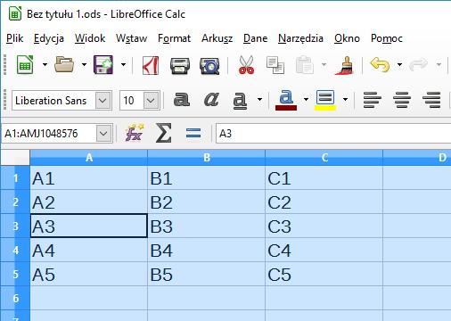 Trzymam wciśnięty klawisz [Ctrl] i klikam nagłówek wiersza czwartego Kliknięcie narożnika z lewej stronie obszary edycji powoduje