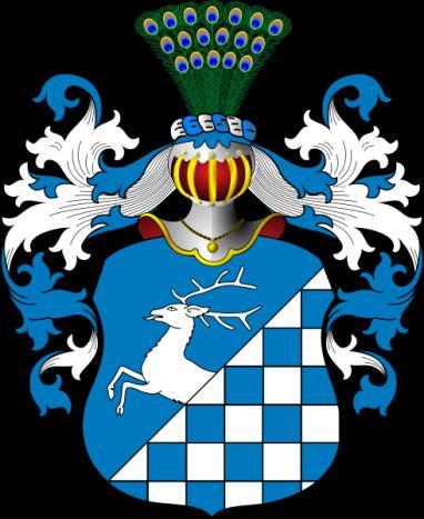 Stojentin. Schild schrägelinks geteilt, unten blau-silbern geschacht, oben in Blau ein wachsender Hirsch.