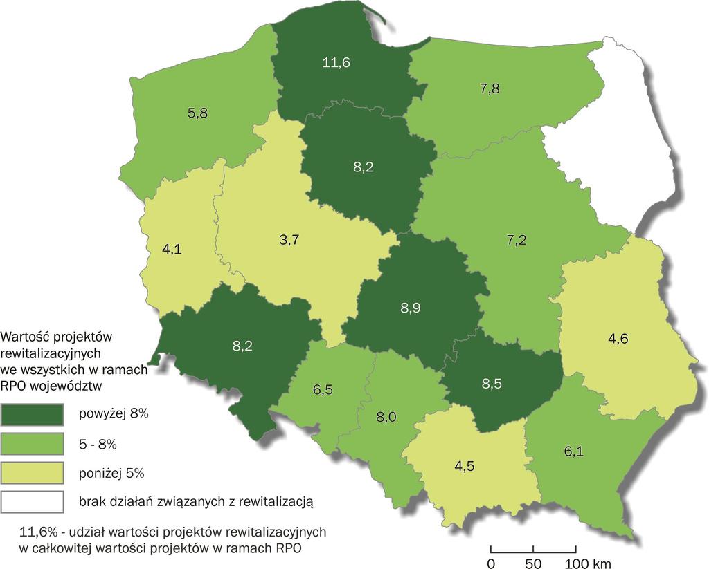 Udział środków finansowych na rewitalizację w poszczególnych RPO