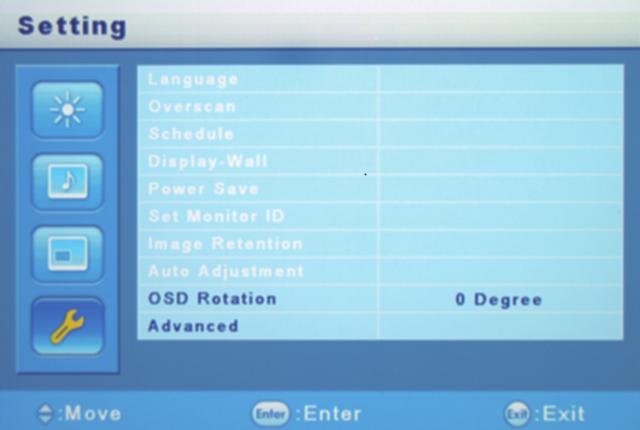 Regulacja ekranu W menu "Setting" można ustawić następujące pozycje: Pozycja Ustawienie Wartość początkowa Zakres wartości OSD Rotation Obraca obraz menu o 90.