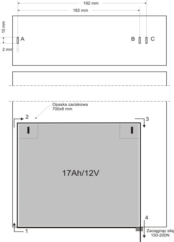 Rys.4. Procedura mocowania akumulatora. 9. Załączyć zasilanie 230V AC. Odpowiednie diody na płycie pcb zasilacza powinny się zaświecić: zielona AUX oraz żółta LB podczas ładowania akumulatora.