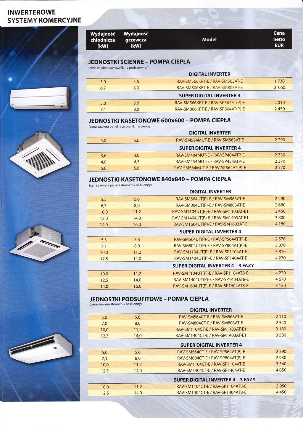 INWERTEROWE SYSTEMY KOMERCYJNE JEDNOSTKI SCIENNE - POMPA clepła (cena zawiera sterownik na podczerwień) / 563AT-E 566KRT-E 6,7 BO6KRT-E / RAV-S M8O3AT-E 730 2 060 RAV-sMs66KRT-E / RAV-SPs64AT(P)-E 2