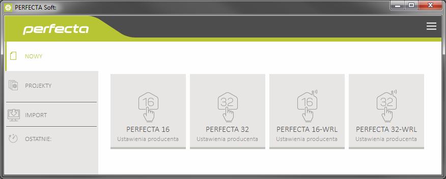 SATEL PERFECTA 7 Rys. 1. Okno programu PERFECTA Soft po pierwszym uruchomieniu programu. 3.1.1 Pasek menu programu PERFECTA SOFT Pasek menu wyświetlany jest w górnej części okna programu.