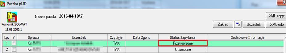 W celu akceptacji zmian należy kliknąć Zamknij i zaakceptować komunikat. RYSUNEK 42. AKTUALIZACJA DANYCH UCZESTNIKA W oknie Paczka pl.