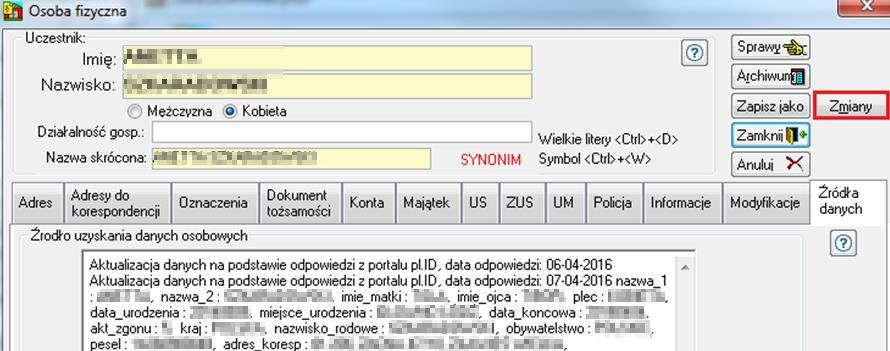 ID Po przetworzeniu danych w szczegółach Uczestnika w zakładce Źródła danych jest informacja, które dane zostały zaktualizowane na podstawie odpowiedzi z portalu pl.id.