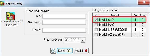 Użytkownik, który ma nadane uprawnienia, w celu uzyskania dostępu do modułu w panelu logowania musi zaznaczyć moduł pl.id. RYSUNEK 3.