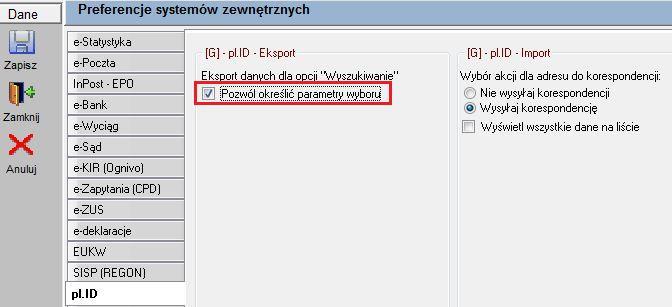 W Konfiguracja Systemy zewnętrzne pl.id jest możliwość wyboru opcji konfiguracyjnych dla eksportu i importu danych z portalu pl.id. RYSUNEK 6.