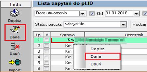 Następnie należy kliknąć przycisk Wybór. Po kliknięciu przycisku na liście zapytań zostały dodane dane z zaznaczonych spraw. RYSUNEK 16. PRZYCISK WYBÓR NA LIŚCIE SPRAW 3.