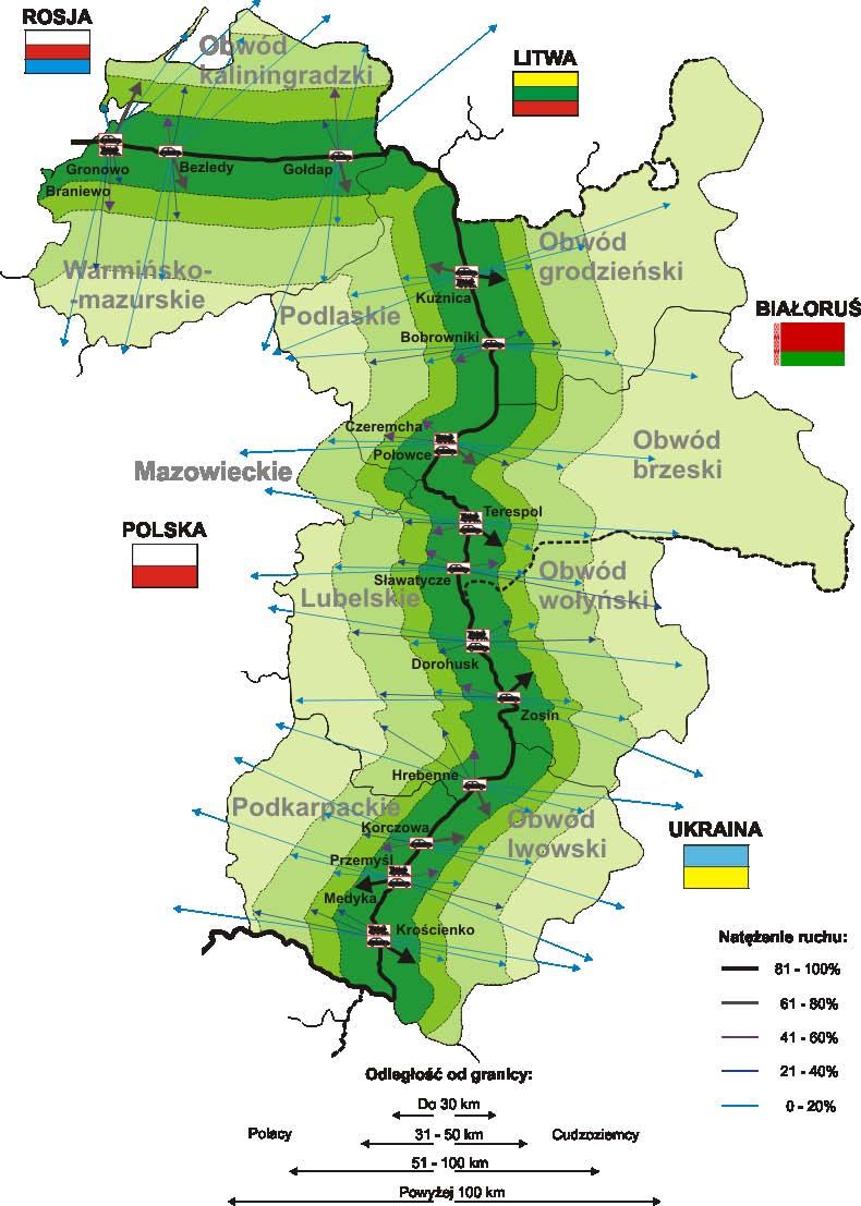 Delimitację obszarów oddziaływania zewnętrznej granicy Unii Europejskiej dokonaną na podstawie wyników badania, przy uwzględnieniu odległości od granicy