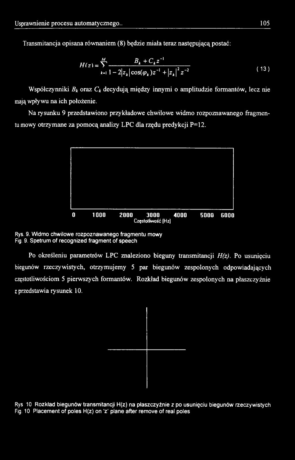 0 1000 2000 3000 4000 5000 6000 Częstotliwość (Hz] Rys. 9. Widmo chwilowe rozpoznawanego fragm entu mowy Fig. 9. Spetrum of recognized fragm ent of speech Po określeniu parametrów LPC znaleziono bieguny transmitancji H(z).
