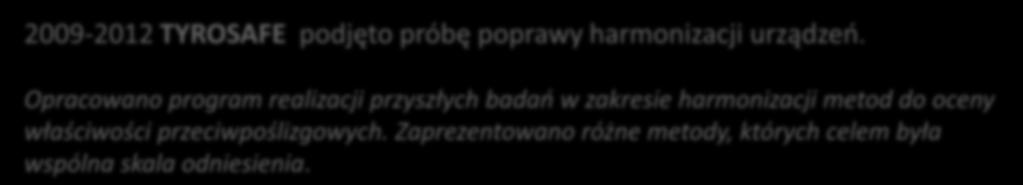 opracowanymi procedurami kalibracji i harmonizacji. 2009-2012 TYROSAFE podjęto próbę poprawy harmonizacji urządzeń.