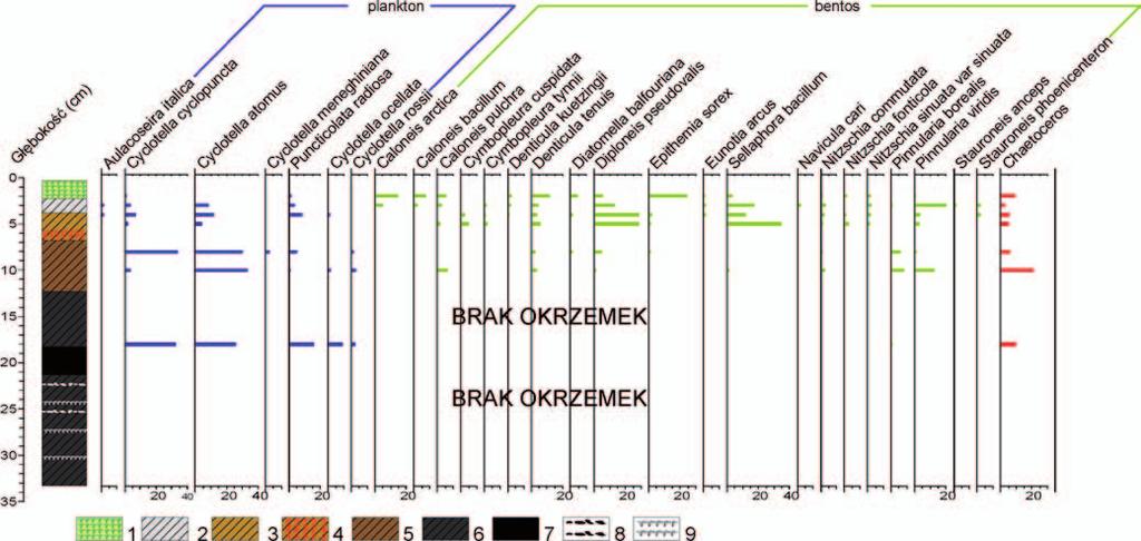80 Monika Lutyńska Analiza okrzemkowa wykazała naprzemienną dominację gatunków planktonowych i bentosowych (ryc. 2, ryc. 3).