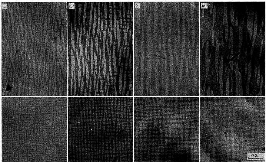 Rys. 2.17 Zdjęcia struktur powstałych w czasie wyŝarzania magnesu Alnico 8 w polu magnetycznym przez 10 minut w temperaturach: a) 750 O C, b) 780 O C, c) 810 O C, d) 830 O C.