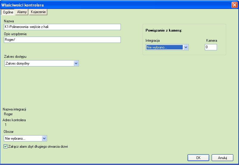 7.2.1 Zakładka Ogólne Nazwa nazwa kontrolera Opis dodatkowy opis Zakres dostępu przydzielony zakres dostępu dla zdarzeń z danego kontrolera Powiązanie z kamerą w przypadku wystąpienia alarmu z danego