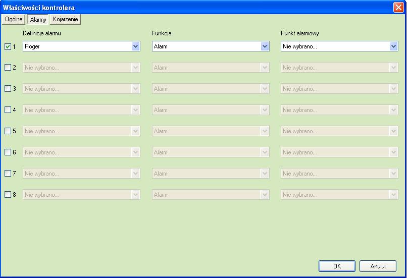 7.2.2 Zakładka Alarmy W zakładce można określić do 8 alarmów oraz przypisać im różne punkty alarmowe.