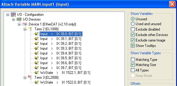 Powyżej projektem jest Bramka AND a zmienną MAIN.input1, czyli nazwa programu wraz z nazwą zmiennej. Zmienna na razie nie jest przywiązywana do I/O (pusta komórka Linked to). 2 kl. MAIN.input1 okno przypisania zmiennej Attach Variable.