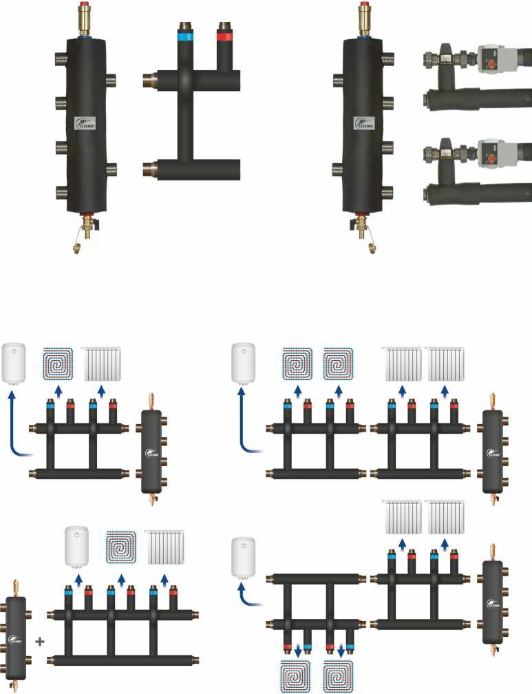 9 Mini I Wariant: Do 2 źródeł ciepła Sprzęgło-kolektor SKE 2K II Wariant: 1 źródło ciepła + 2 dowolne obiegi pompowe Sprzęgło-kolektor SKE 2K Kolektor rozdzielający Elterm Dowolne 2 grupy pompowe