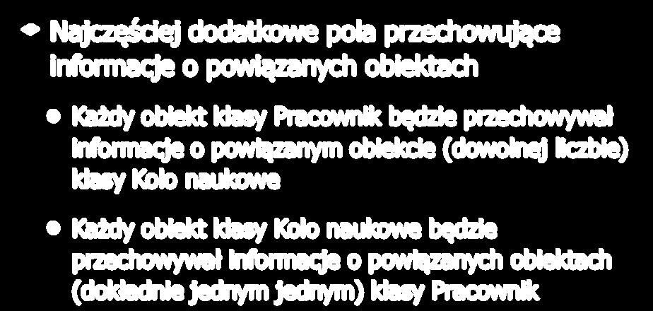 Związki klas Najczęściej dodatkowe pola przechowujące informacje o powiązanych obiektach!