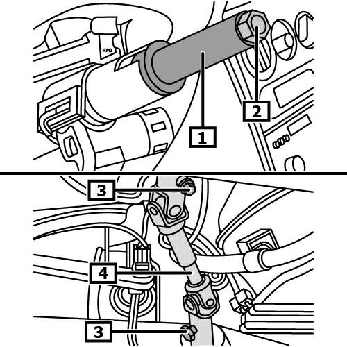 Zamontować narzędzie do demontażu/montażu. (1) Wkręcić ręką nakrętkę(-i) koła kierownicy.