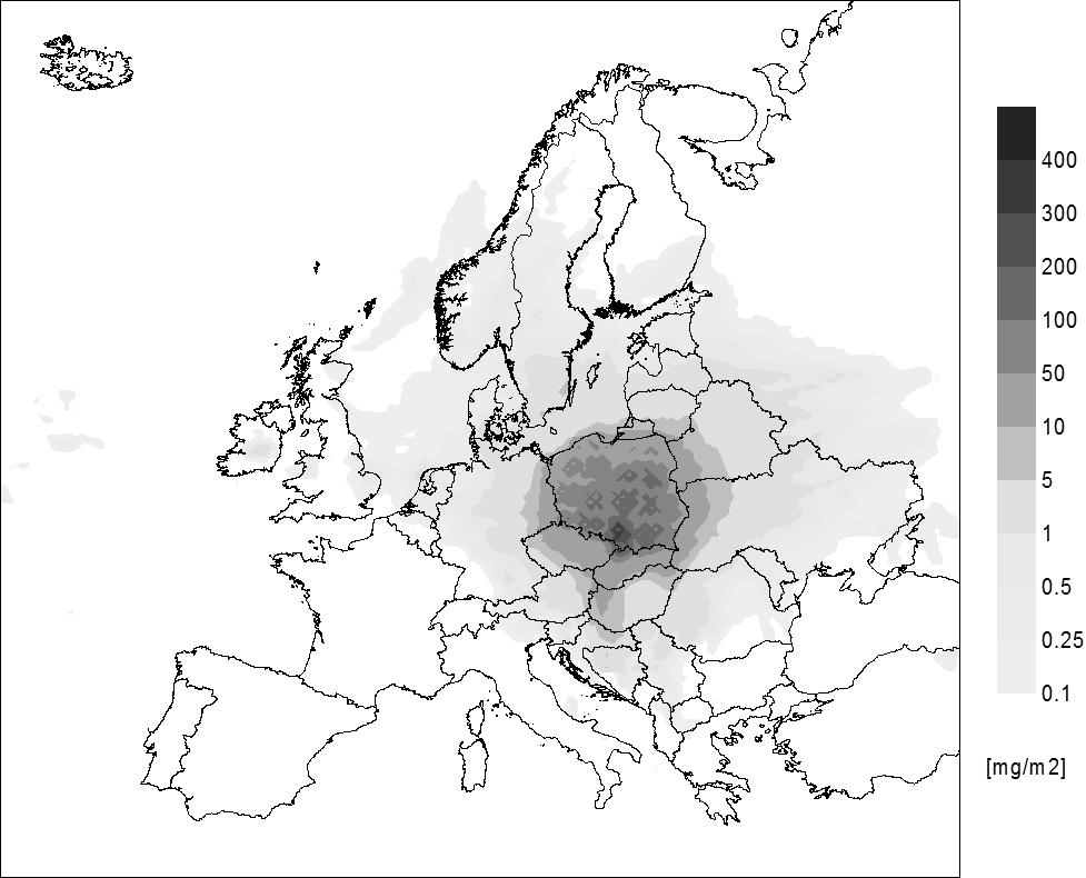 RYSUNEK 3. Depozycja kadmu [mg/m 2 ] w 212 roku na obszarze Polski w wyniku emisji ze wszystkich źródeł w domenie obliczeniowej z wyjątkiem zlokalizowanych w Polsce (zob.