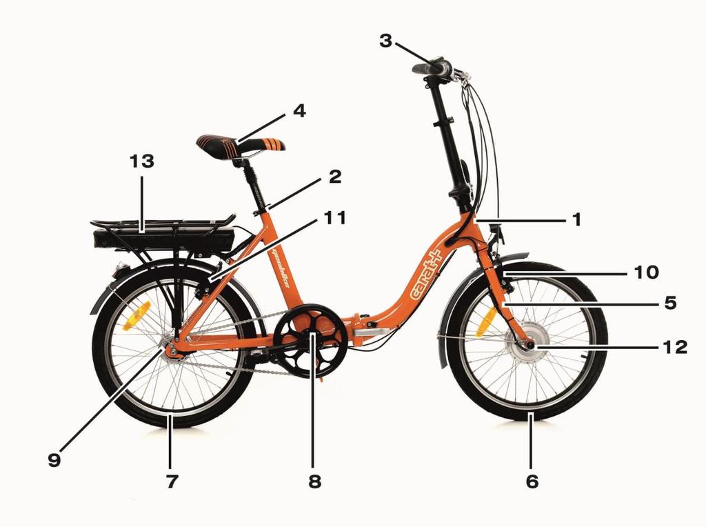 Opis elementów roweru 1. Rama (z numerem) 2. Blokada sztycy siodełka 3. Kierownica z wyświetlaczem LCD 4. Siodło 5. Widelec (sztywny) 6. Koło przednie 7. Koło tylne 8. Mechanizm korbowy 9.