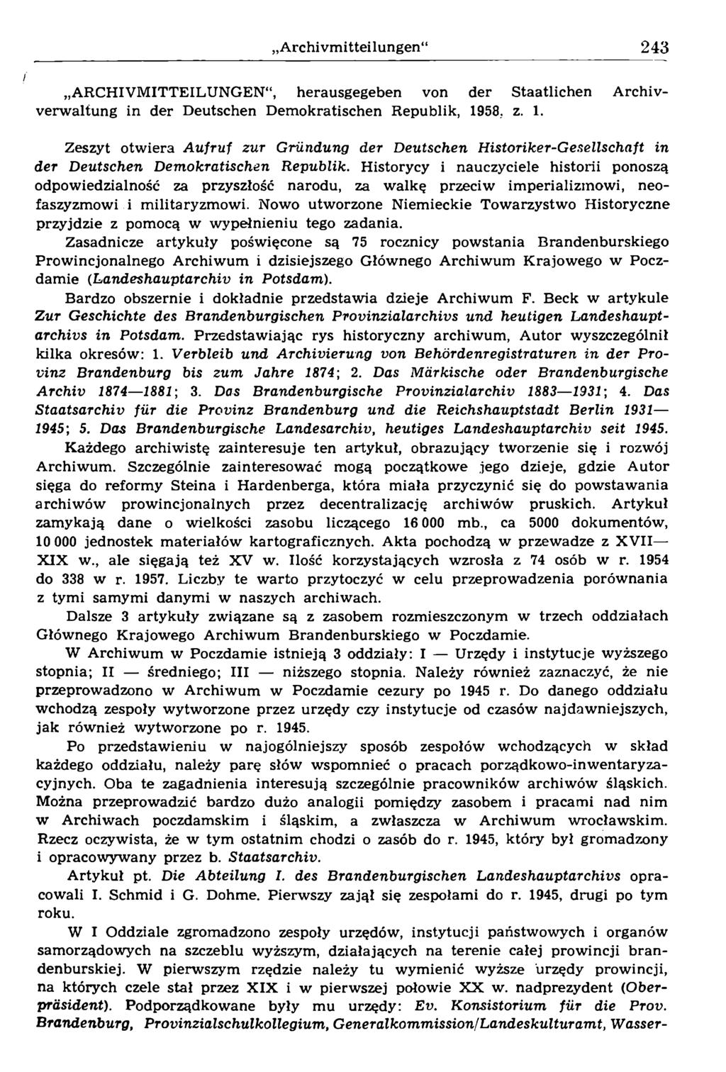 ARCHIVMITTEILUNGEN, herausgegeben von der Staatlichen Archivverwaltung in der Deutschen Demokratischen Republik, 19