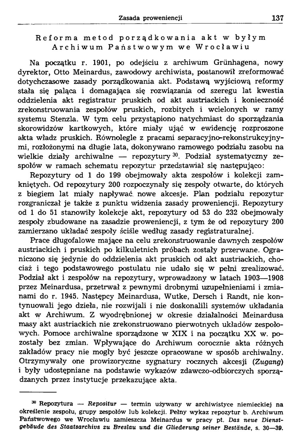 Reforma metod porządkowania akt w byłym Archiwum Państwowym we Wrocławiu Na początku r.