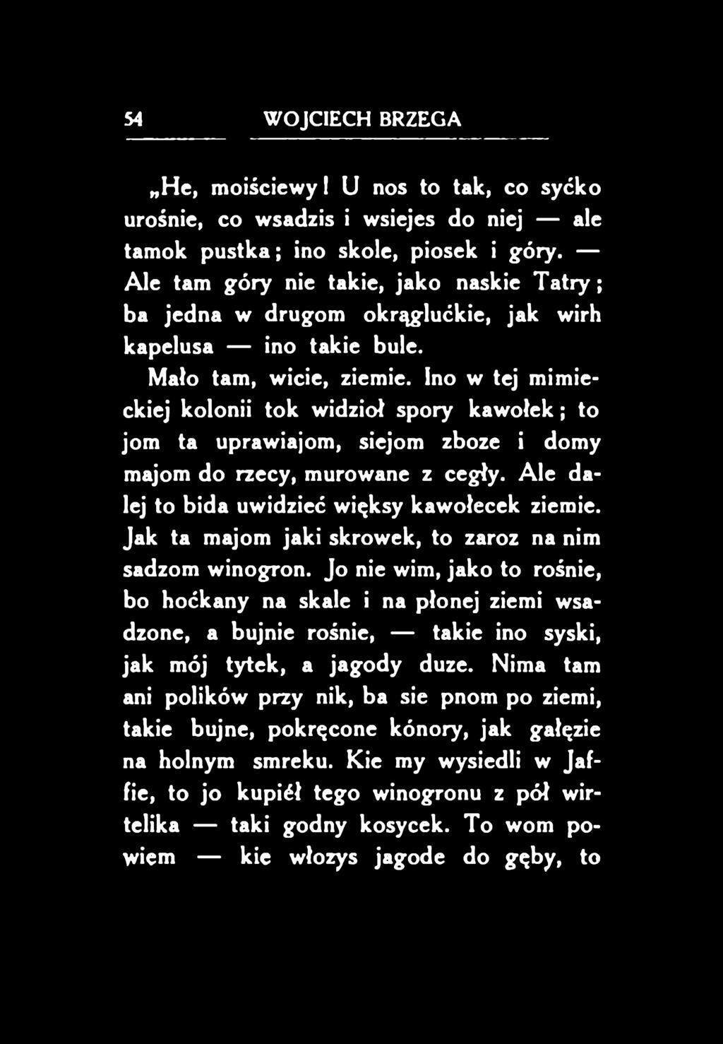 Ino w tej mimieckiej kolonii tok widzioł spory kawołek; to jom ta uprawiajom, siejom zboze i domy majom do rzecy, murowane z cegły. Ale dalej to bida uwidzieć więksy kawołecek ziemie.