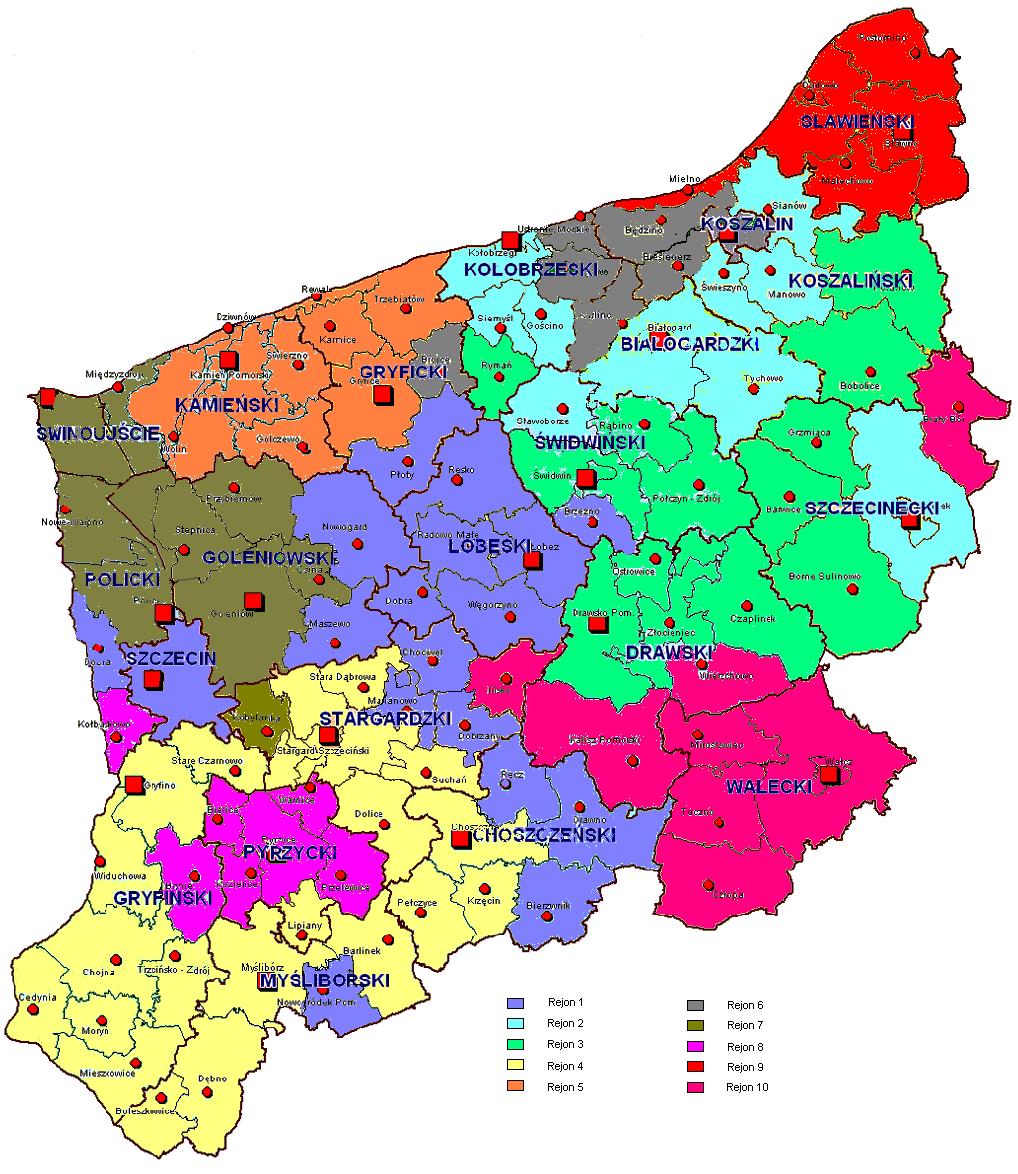 Wykorzystanie analizy dyskryminacyjnej do podziału województwa... 253 Rys. 1. Podział województwa zachodniopomorskiego na rejony Fig. 1. Distribution of Zachodniopomorskie Voivodeship on areas WNIOSKI 1.