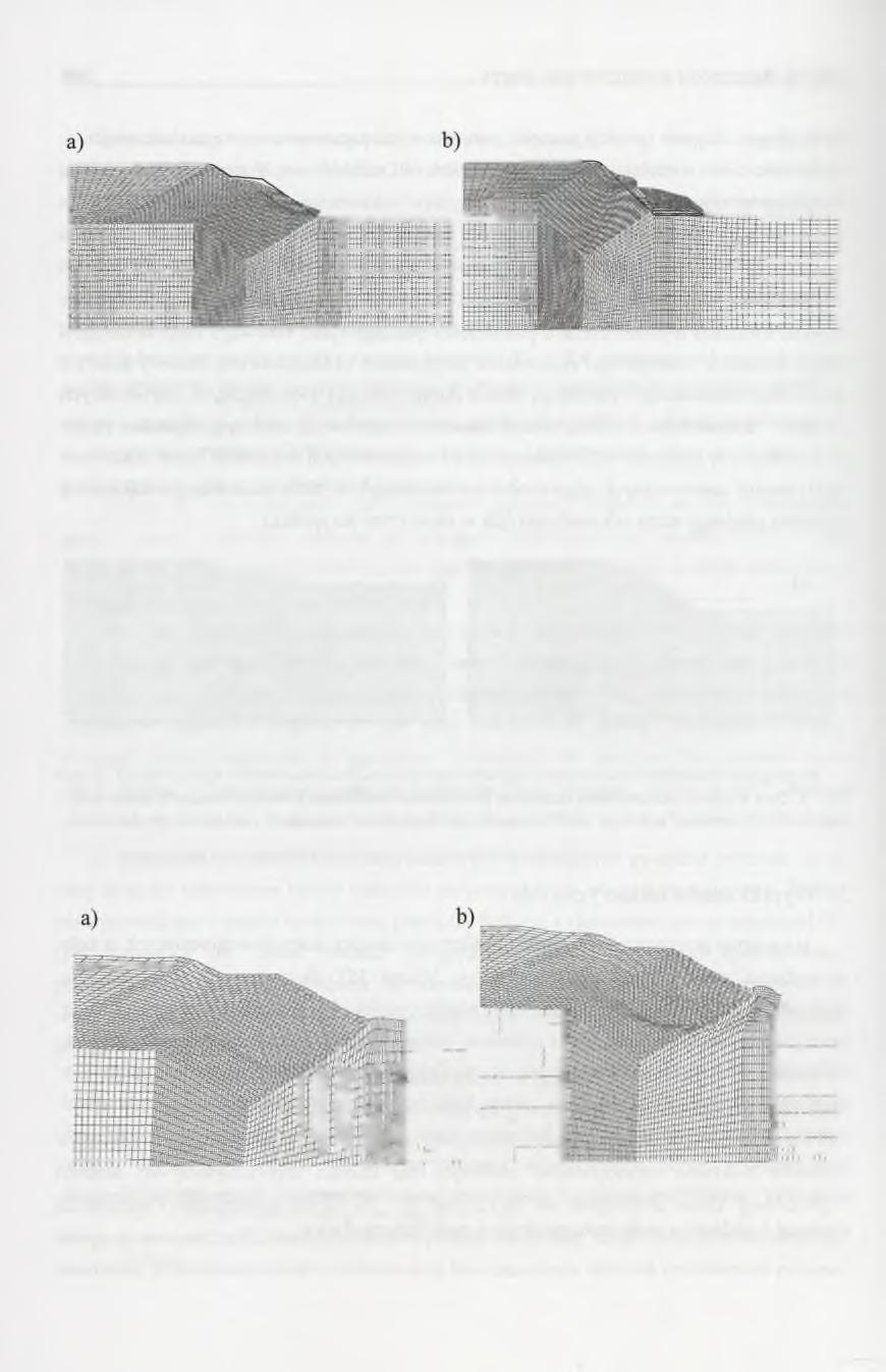 388 K. Sternik Rys. 4. Deformacje modeli bez wzmocnienia w fazie utraty stateczności: a) po wykonaniu wykopu (Fs = 1,12), b) podczas usuwania przypory Fig. 4. Deformations of the models without reinforcement at failure: a) after excavating (Fs = 1,12), b) during removal of a buttress Skarpa 45 nie wytrzymała próby usunięcia przypory.