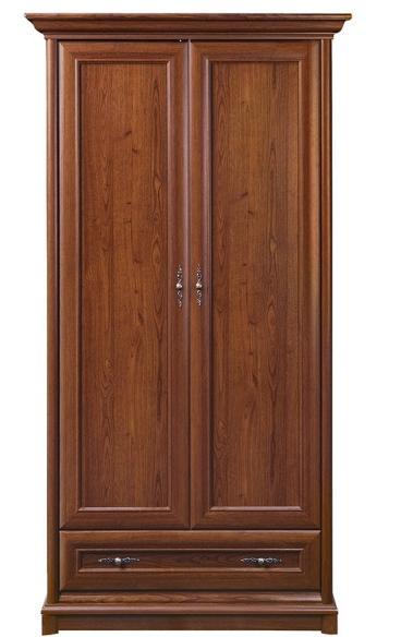 Szafa ubraniowa 2 drzwiowa ma być wykonana z płyty o gęstości min. 650/kg/m 3, listwy MDF i folii finish. Płyta oklejona okleiną w klasie higieny E-1, w kolorze kasztan.