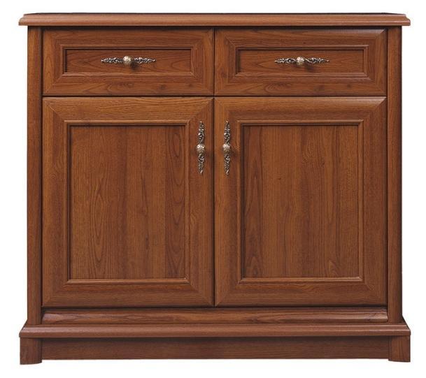 Komoda ma być wykonana z płyty o gęstości min. 650/kg/m 3, listwy MDF i folii finish. Płyta oklejona okleiną w klasie higieny E-1, w kolorze kasztan.