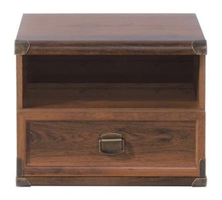 Szafka nocna ma być wykonana z płyty o gęstości min. 650/kg/m 3, płyty MDF, HFD, listwy MDF i folii finish. Płyta oklejona okleiną w klasie higieny E-1, w kolorze dąb sutter.