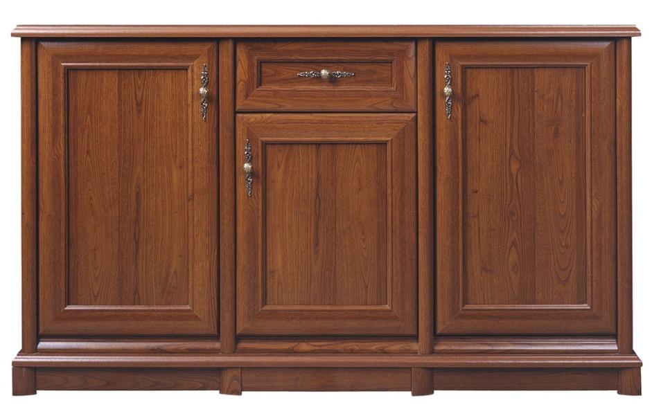 35. Komoda KENT, kod produktu S10-EKOM3D1S lub równoważna Szerokość: 153,5 cm Wysokość: 90,5 cm Głębokość: 45 cm Kolor: kasztan Komoda wykonana z: Korpus: płyta wiórowa, folia finish, listwy MDF;