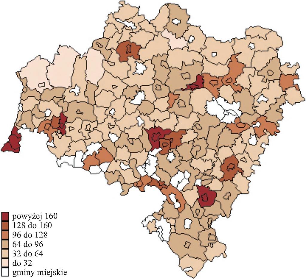 W artykule zamieszczono kartogramy gęstości zaludnienia obszarów wiejskich województwa dolnośląskiego, osobno w roku 1988, 1996 i 2002 oraz porównanie zmian w gęstości zaludnienia obszarów wiejskich