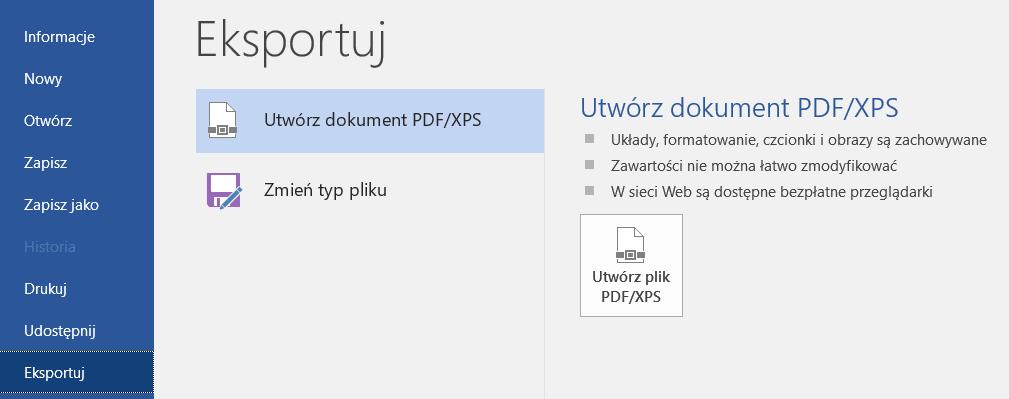 3. Zapisanie dokumentu w formacie pdf (Menu Plik -> Eksportuj /