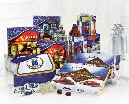 Bombonierka VOBRO 205-225 g, 5,33-5,85/100 g Baryłki z alkoholem, praliny WEDEL 192-200 g