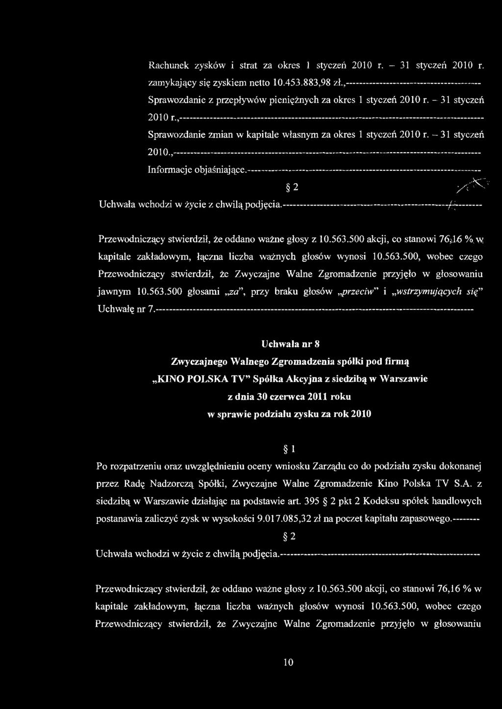 Rachunek zysków i strat za okres 1 styczeń 2010 r. - 31 styczeń 2010 r. zamykający się zyskiem netto 10.453.883,98 zł., Sprawozdanie z przepływów pieniężnych za okres 1 styczeń 2010 r.