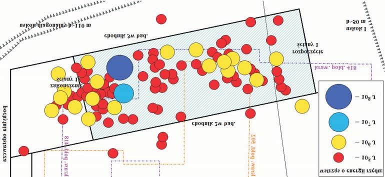 Rys. 1. Mapa pok³adu 506 œciany 1 z ogniskami wstrz¹sów Fig. 1. Map of longwall 1 in 506 coal seam with tremor foci 1.