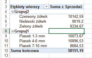 Grupować można również tekst, jednak należy użyć innej metody. W przypadku kliknięcia na opcję Grupuj pojawi się błąd.