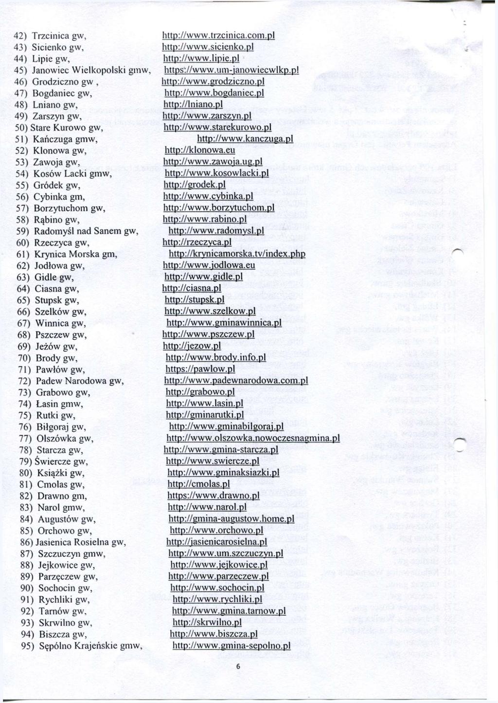 42) Trzcinica gw, 43) Sicienko gw, 44) Lipie gw, 45) Janowiec Wielkopolski gmw, 46) Grodziczno gw, 47) Bogdaniec gw, 48) Lniano gw, 49) Zarszyn gw, 50) Stare Kurowo gw, 51) Kańczuga gmw, 52) Klonowa