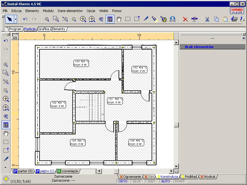 Lekcja 3: Instal-therm 4.5 HC + Instal-OZC 4.5 13.Powtarzamy kroki 1-8 jak opisano powyżej. 4.4. Uzupełnienie danych pomieszczeń Po zaimportowaniu i interpretacji rzutów dysponujemy obrazem konstrukcji budynku, w której program wyróżnił poszczególne pomieszczenia.