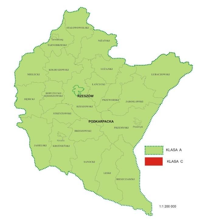 Rysunek 15. Klasyfikacja stref województwa podkarpackiego w zakresie metali ciężkich w 2012 roku. Źródło: WIOŚ w Rzeszowie.