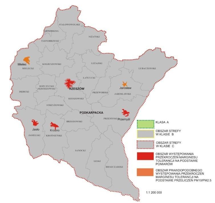 Rysunek 17. Klasyfikacja stref województwa podkarpackiego w zakresie pyłu PM 2,5 w 2012 roku. Źródło: WIOŚ w Rzeszowie.
