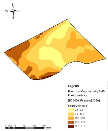Analizując ich barwną strukturę zauważa się, że mapa obrazująca wyniki pomiarów w profilu glebowym 0 90 cm zawiera więcej informacji, które w konfrontacji z wyżej wymieniona opinią wydają się być